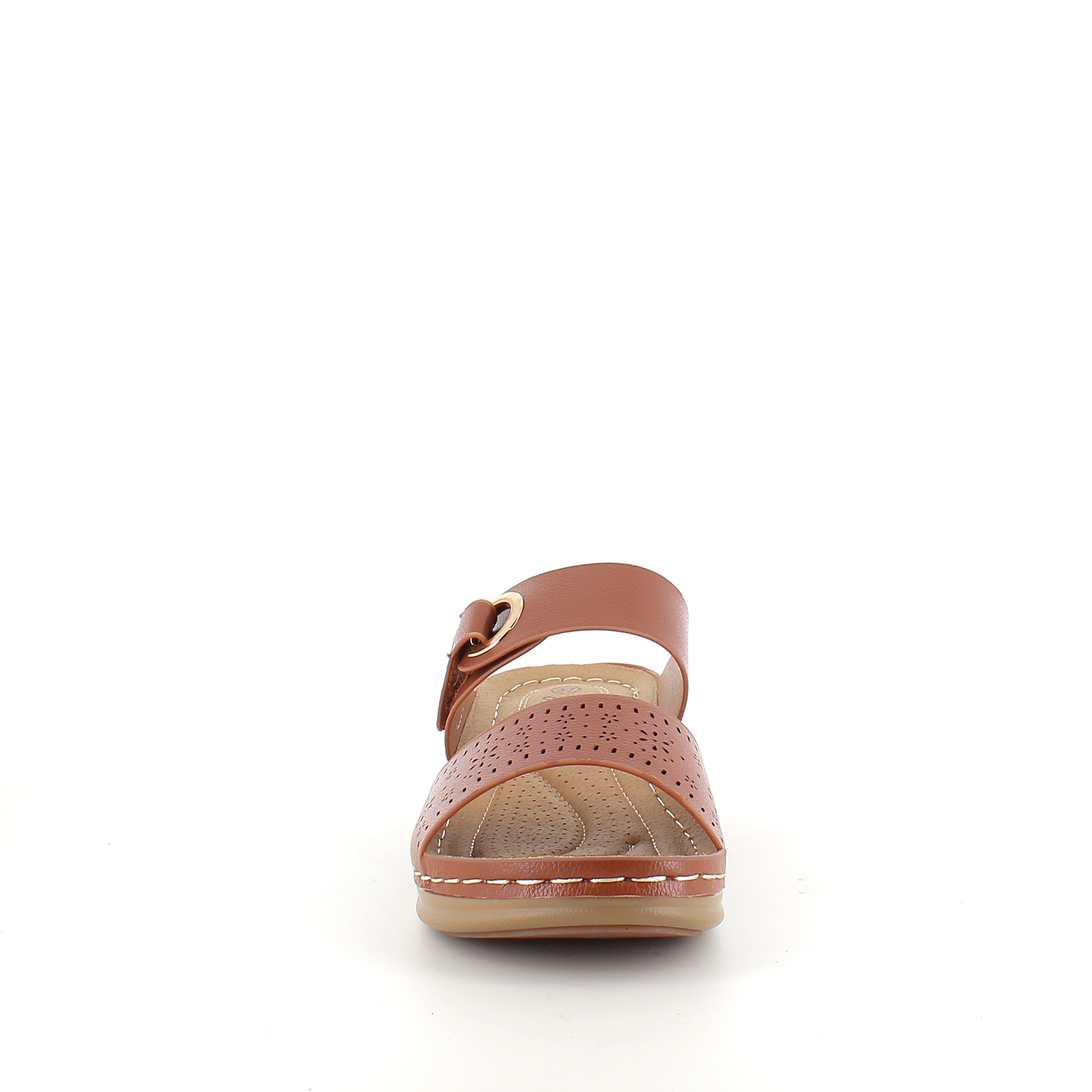 Brun slip-on sandal med kardborrerem – varm ton & feminin silhuett