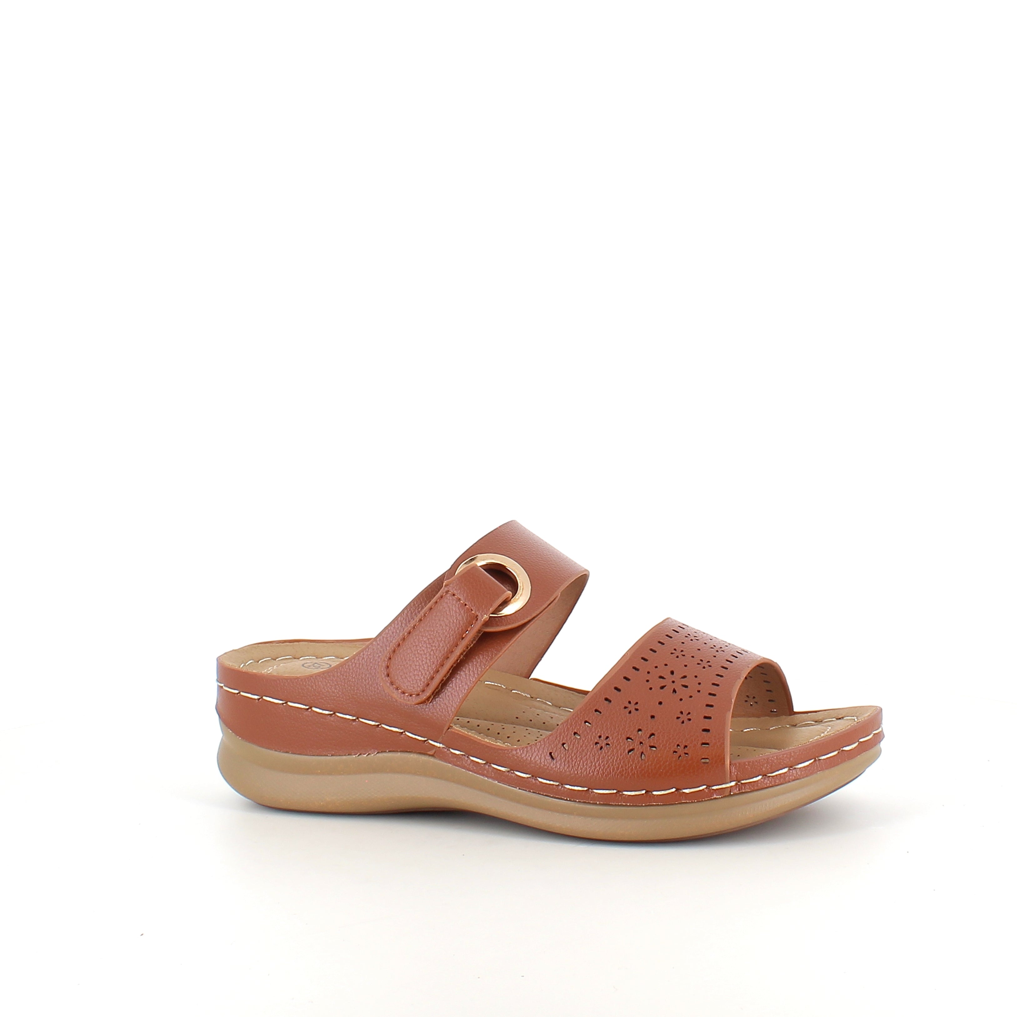 Brun slip-on sandal med kardborrerem – varm ton & feminin silhuett