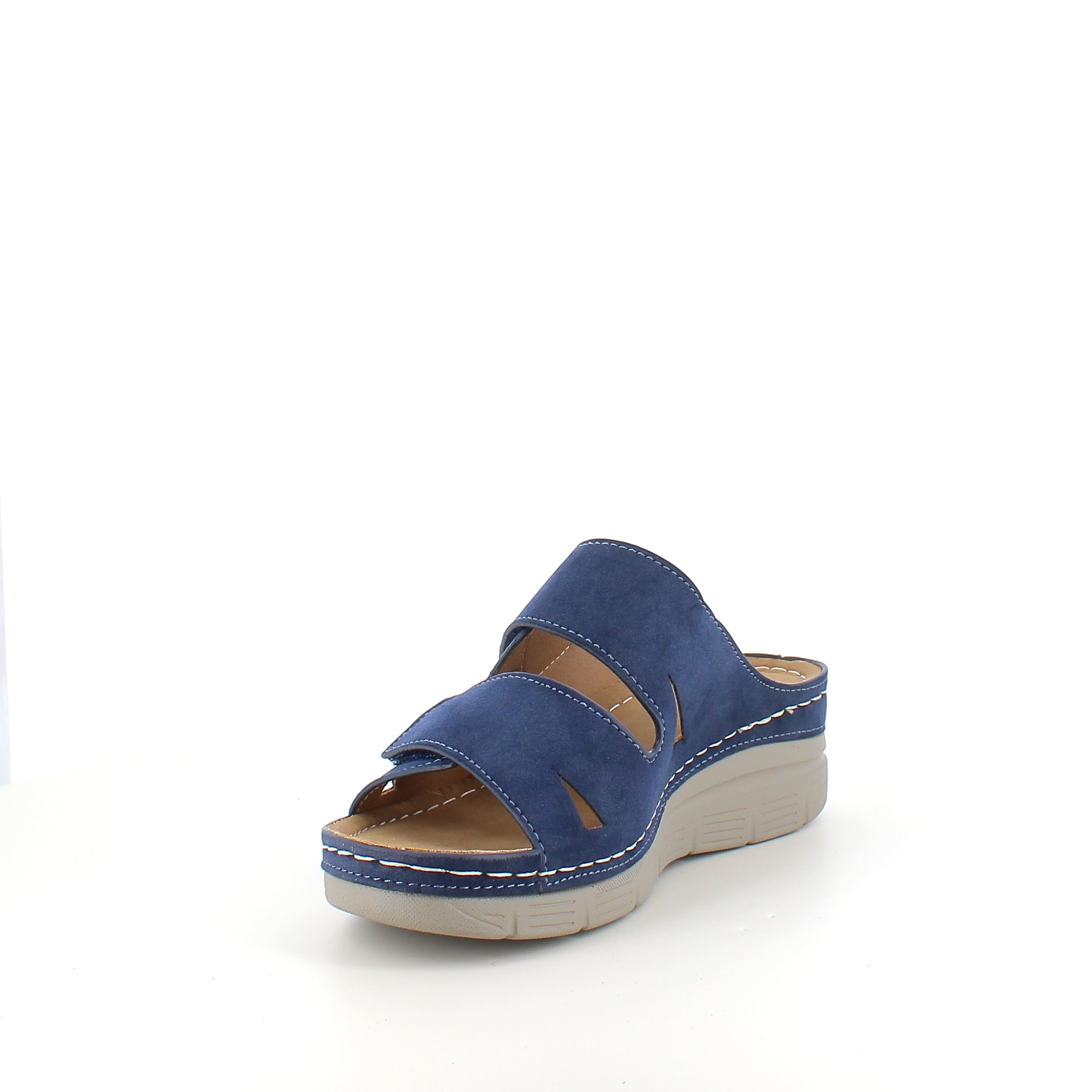 Blå slip-on sandal med kilklack & Velcro – feminin & flexibel för vardagen