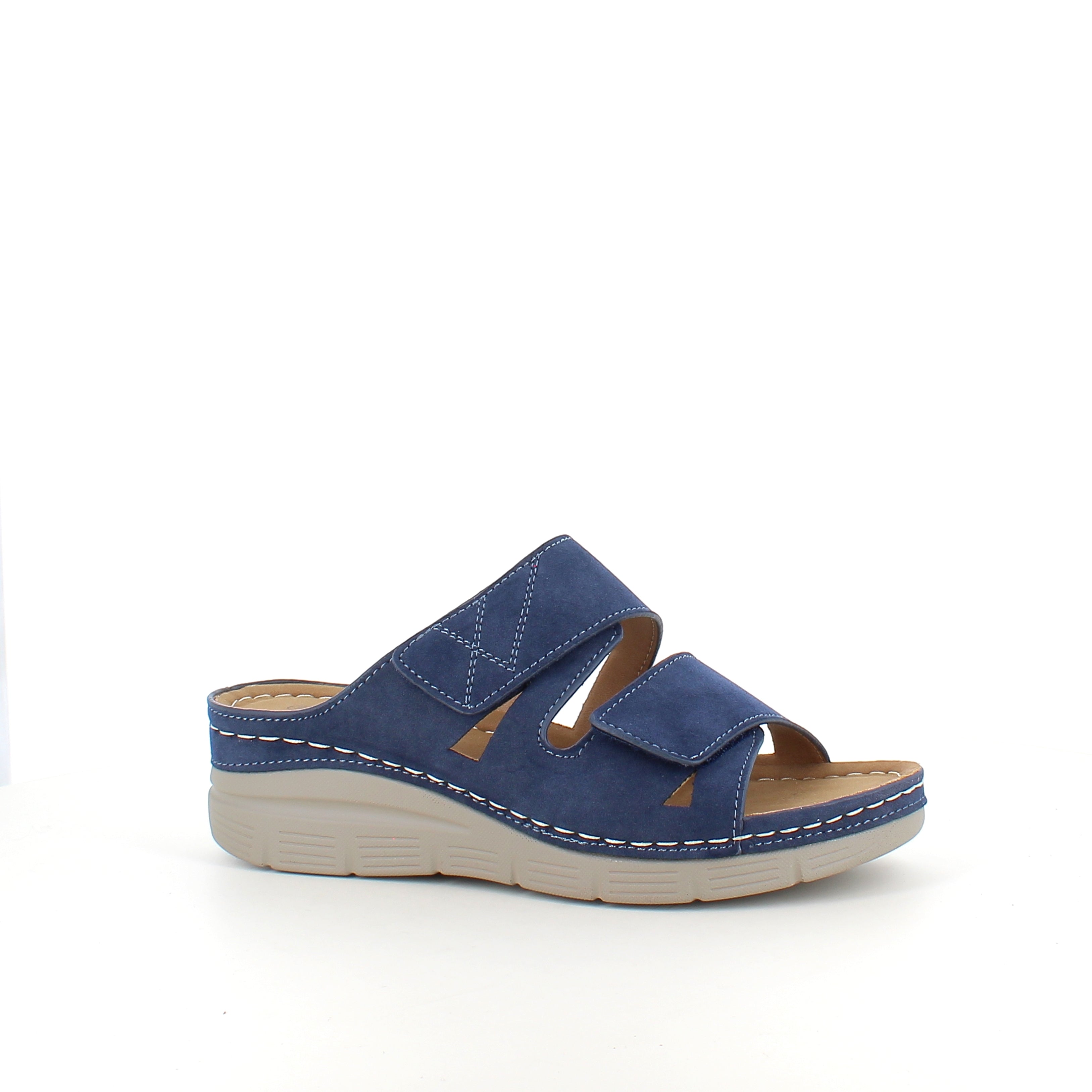 Blå slip-on sandal med kilklack & Velcro – feminin & flexibel för vardagen