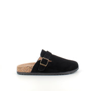 Svart slip-on sandal i textil – klassisk modell med justerbart spänne
