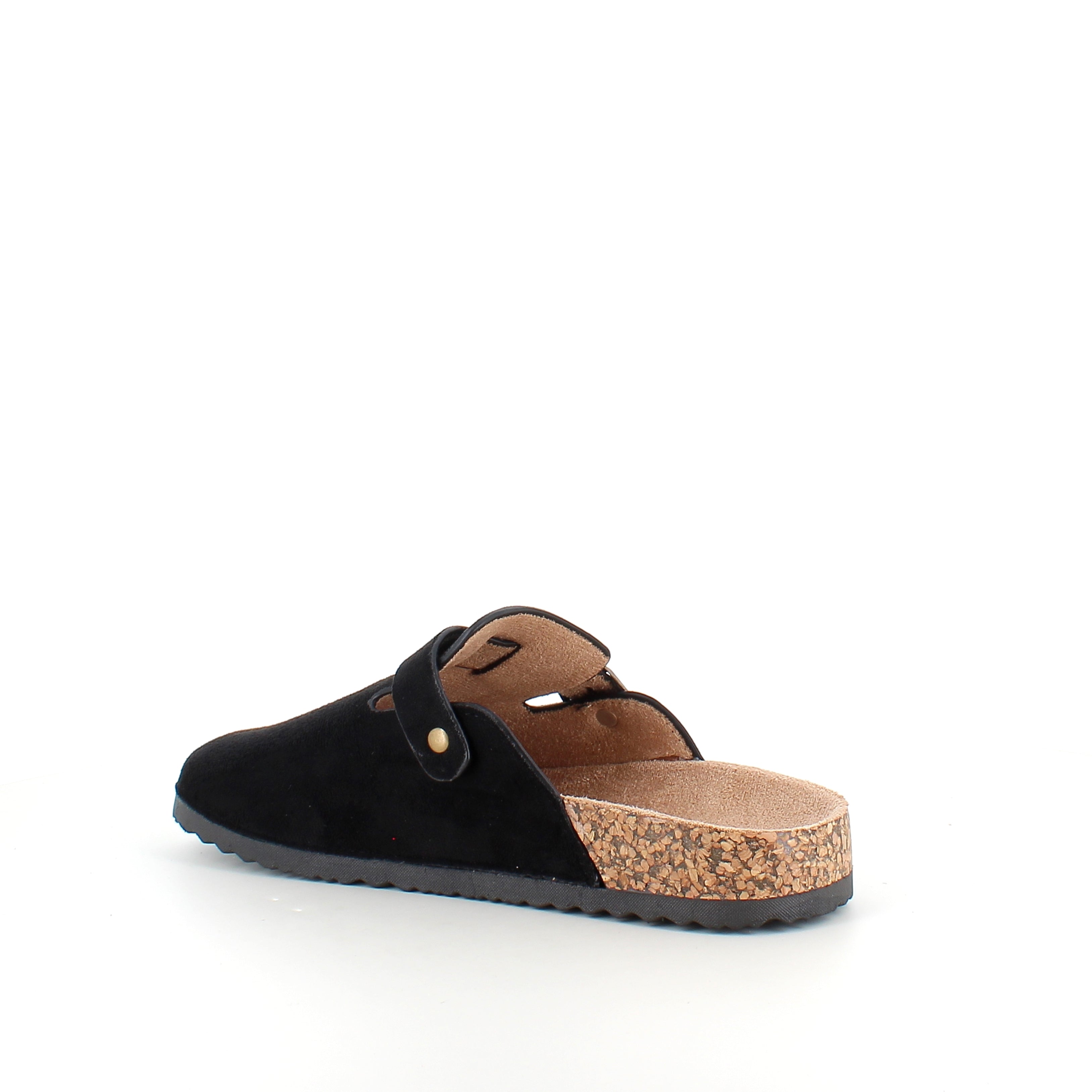 Svart slip-on sandal i textil – klassisk modell med justerbart spänne