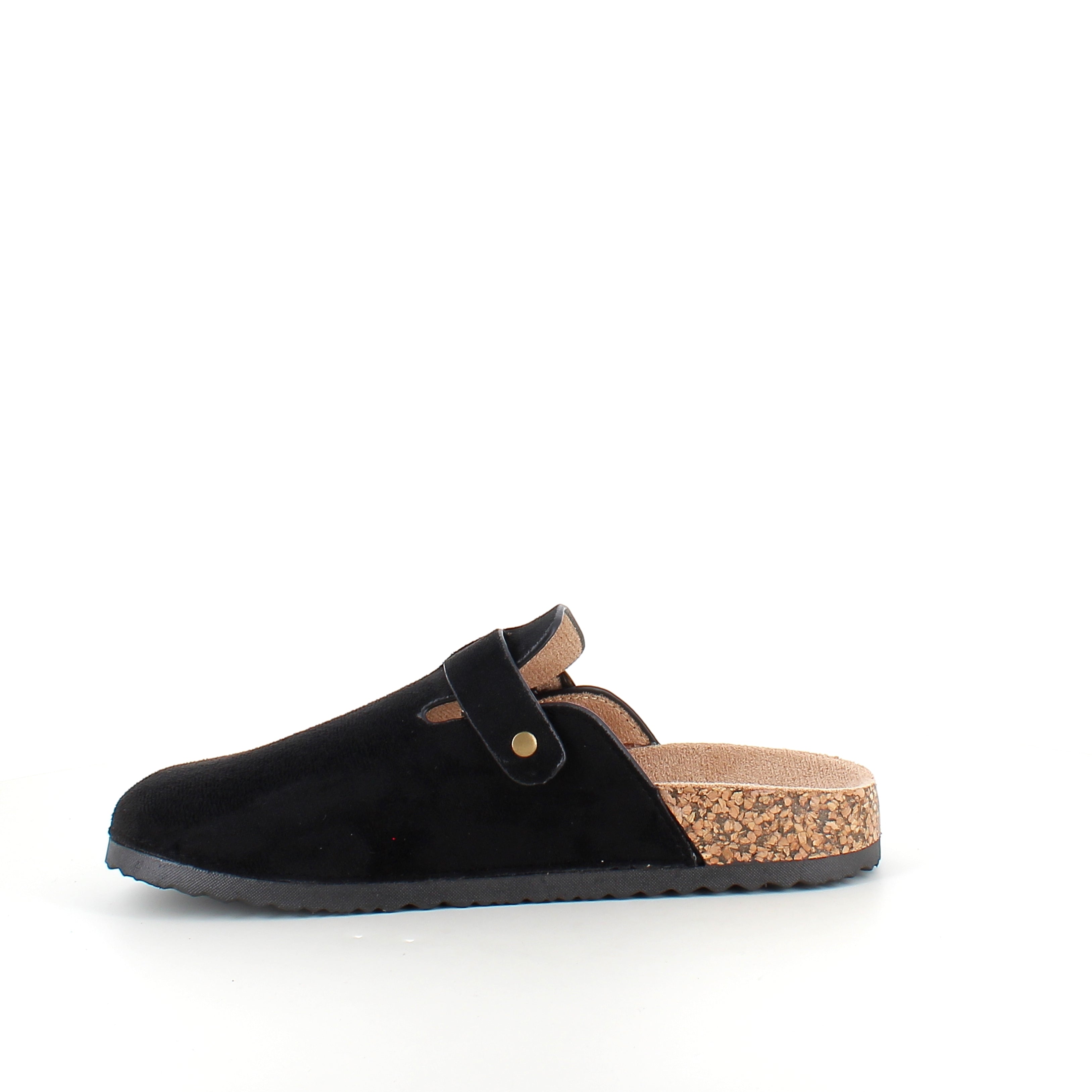 Svart slip-on sandal i textil – klassisk modell med justerbart spänne