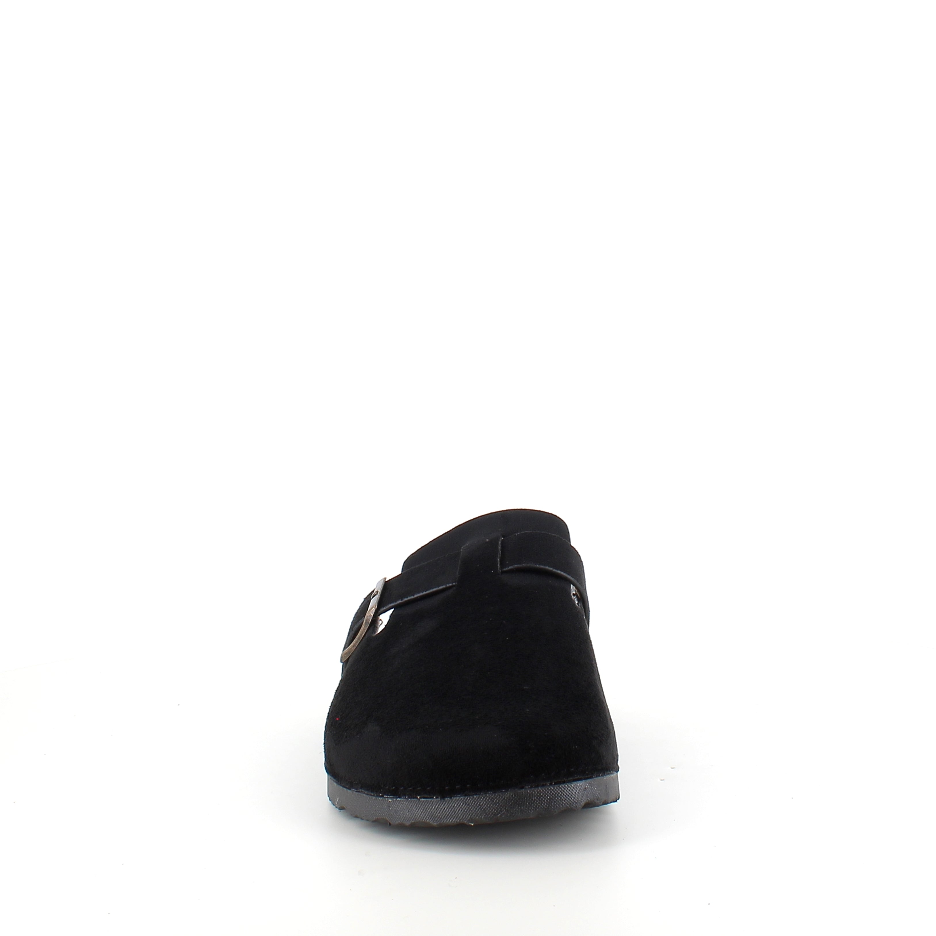 Svart slip-on sandal i textil – klassisk modell med justerbart spänne