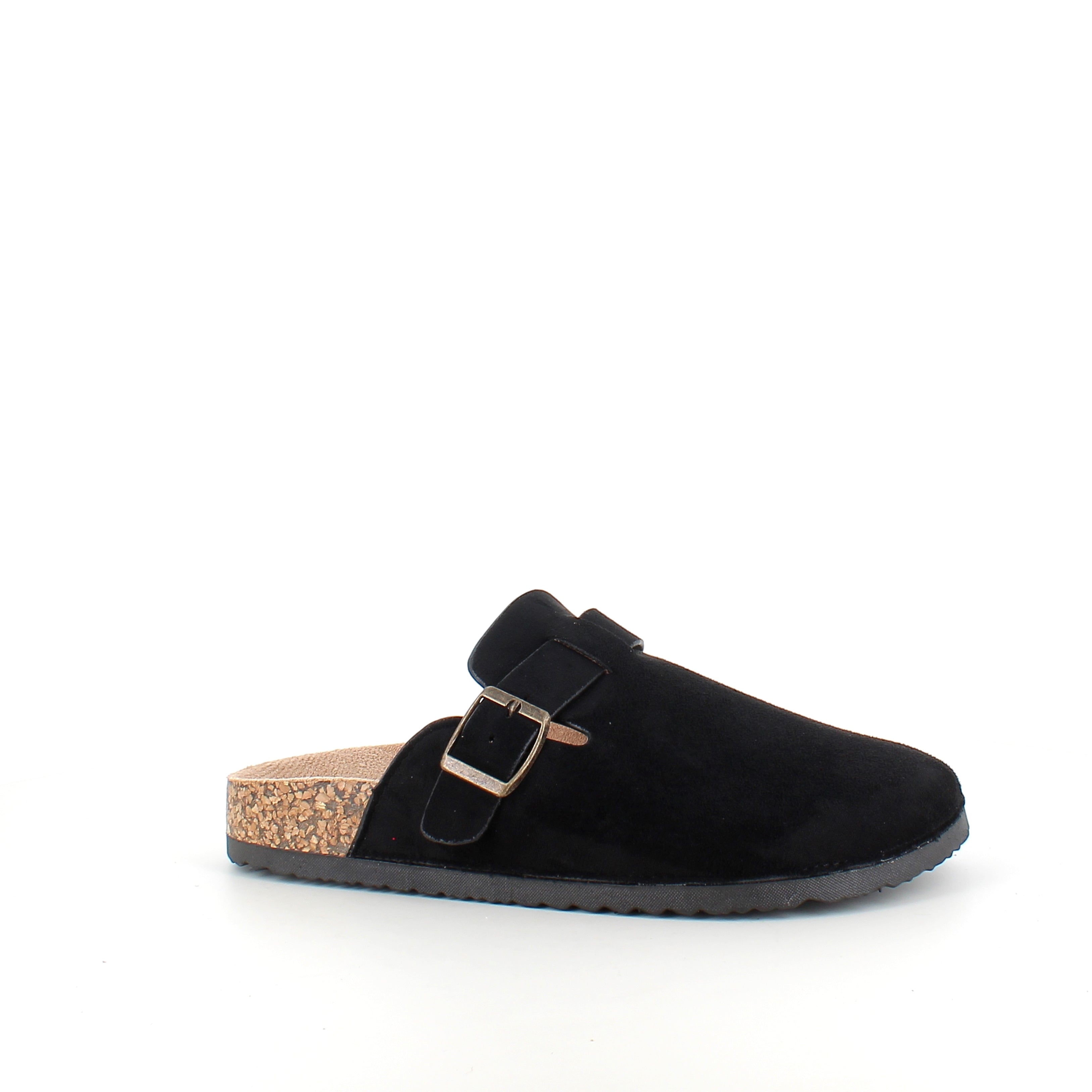 Svart slip-on sandal i textil – klassisk modell med justerbart spänne
