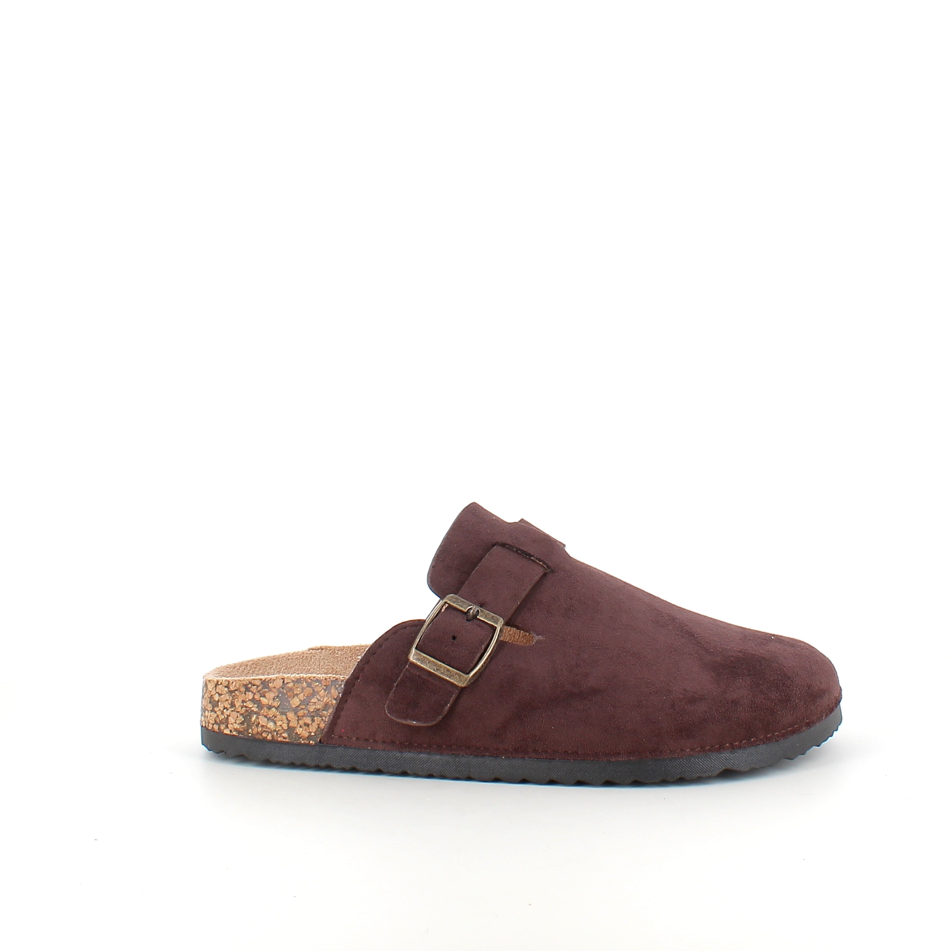 Mörkbrun slip-on sandal i textil - klassisk modell med justerbart spänne