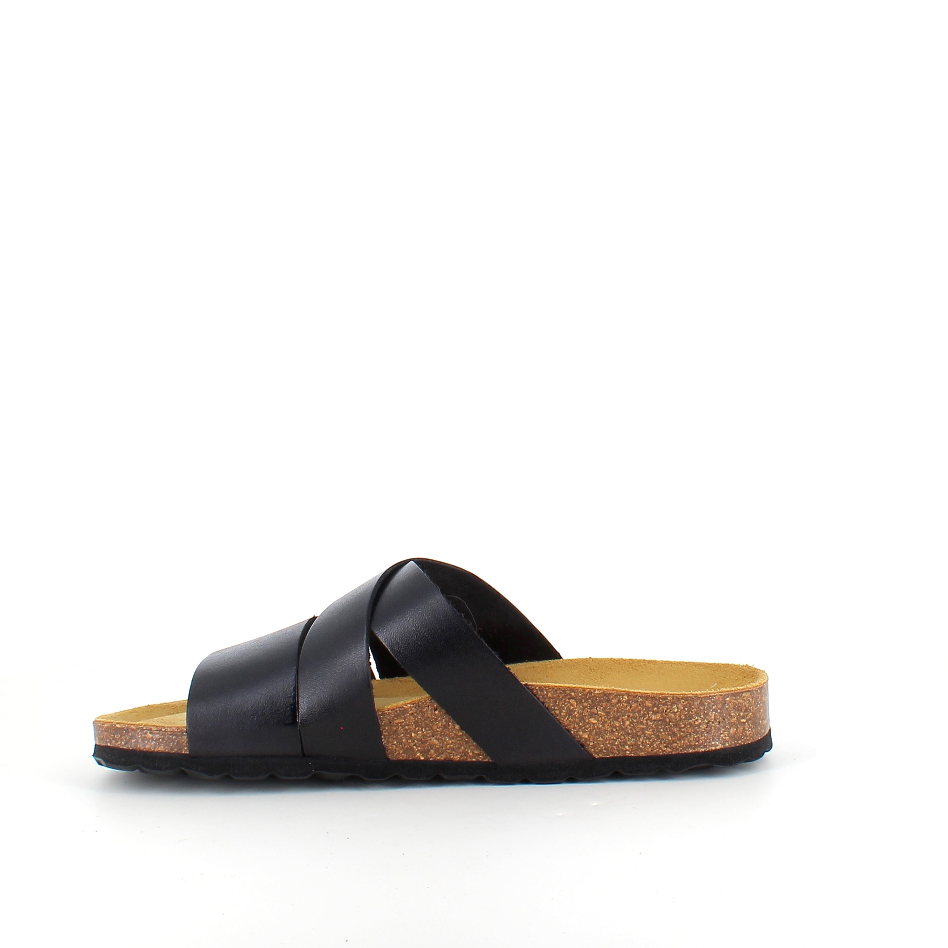 Slip-on sandal i svart slätt läder med korsremmar – komfort & stöd | SSKbutiken.se