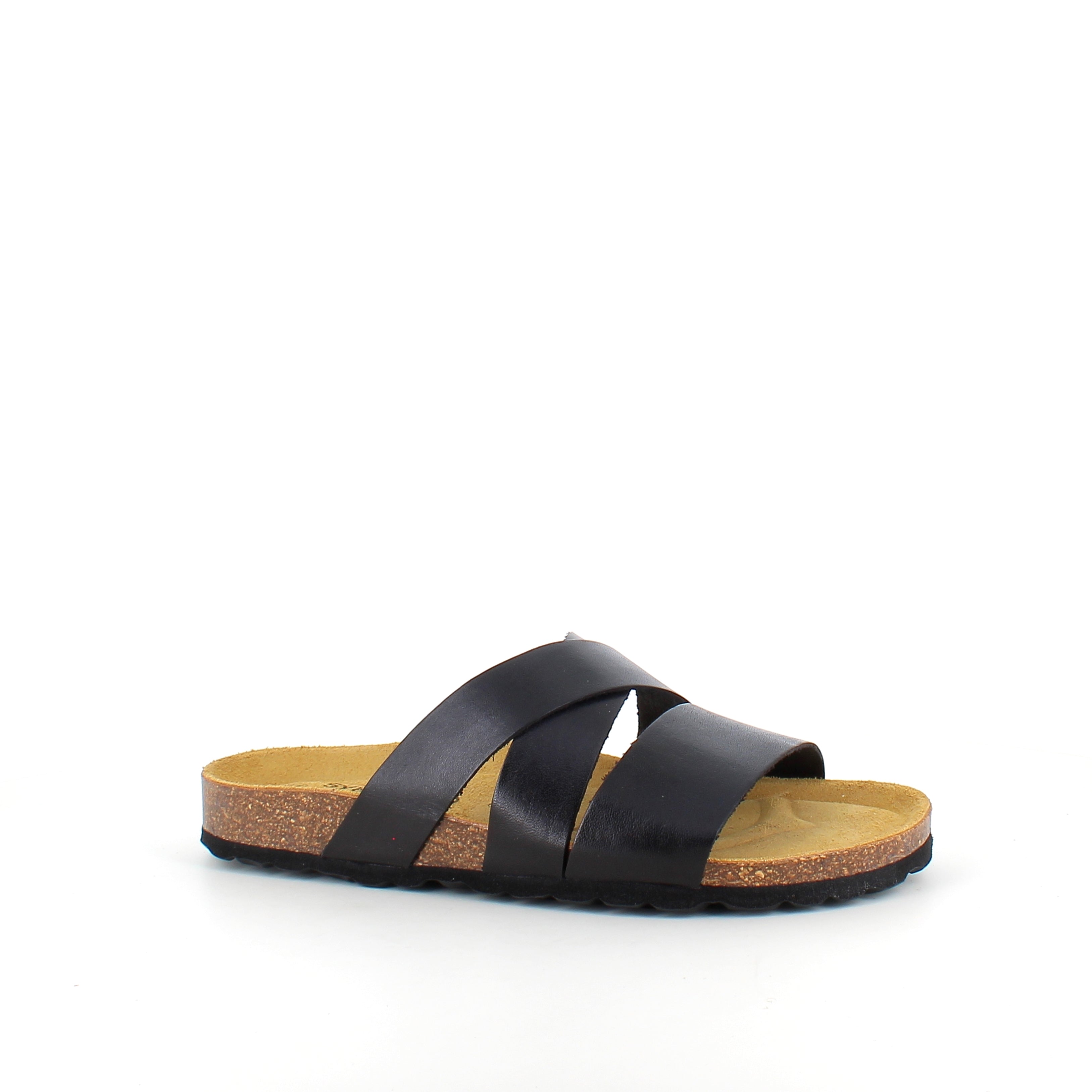 Slip-on sandal i svart slätt läder med korsremmar – komfort & stöd | SSKbutiken.se