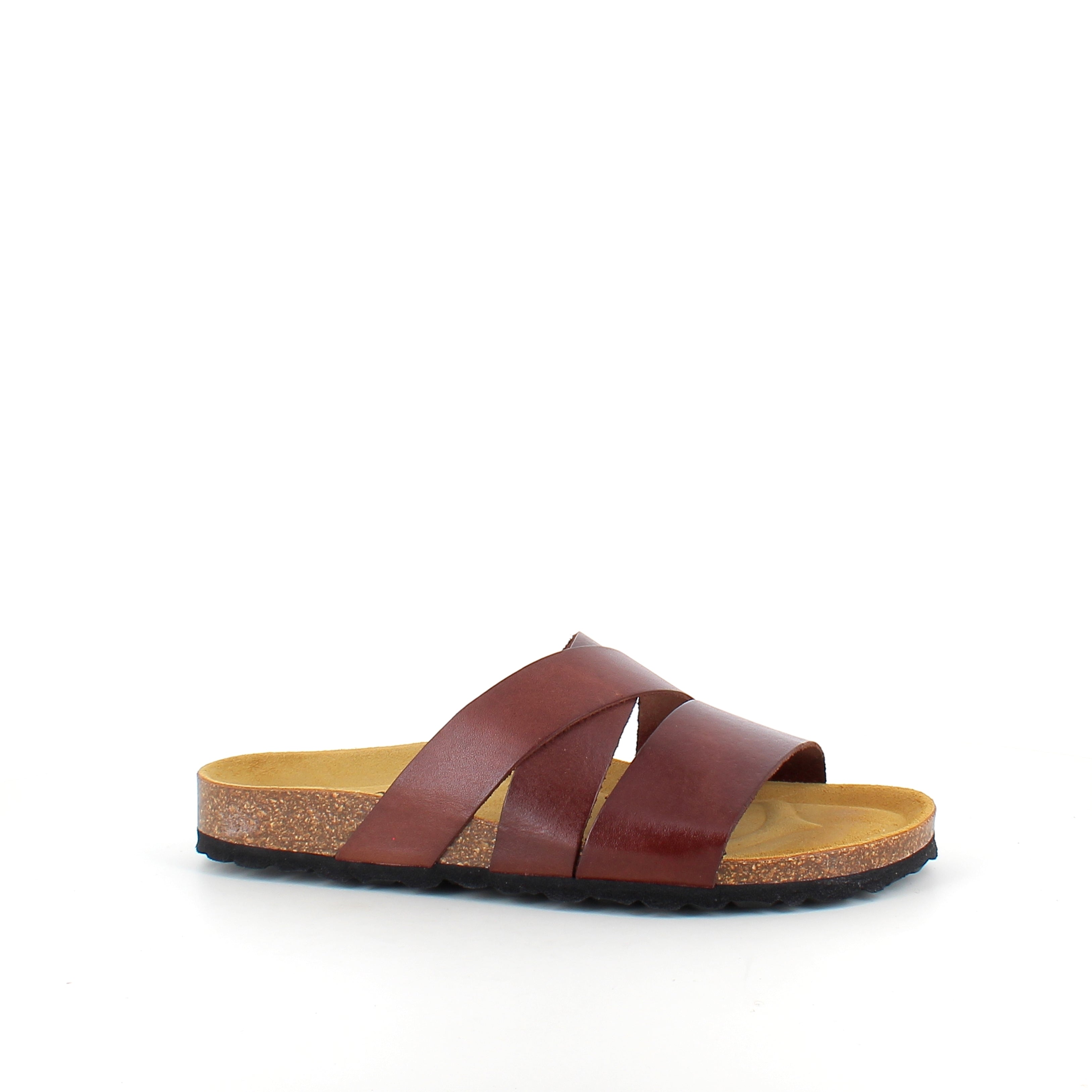 Slip-on sandal i brunt läder med korsremmar – komfort & stöd | SSKbutiken.se