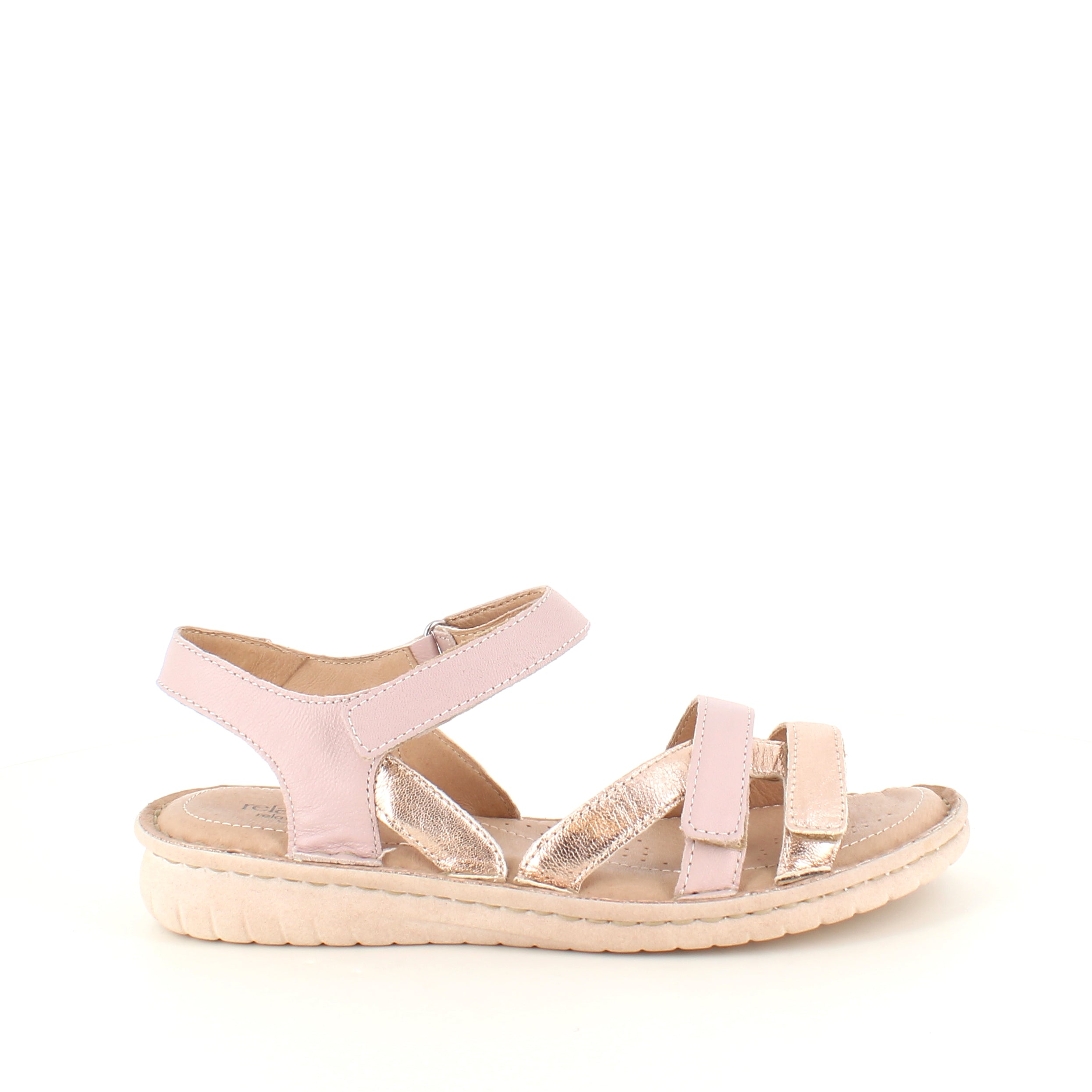 Rosa skinnsandal med tre remmar och roseguldsdetaljer från Relaxshoe