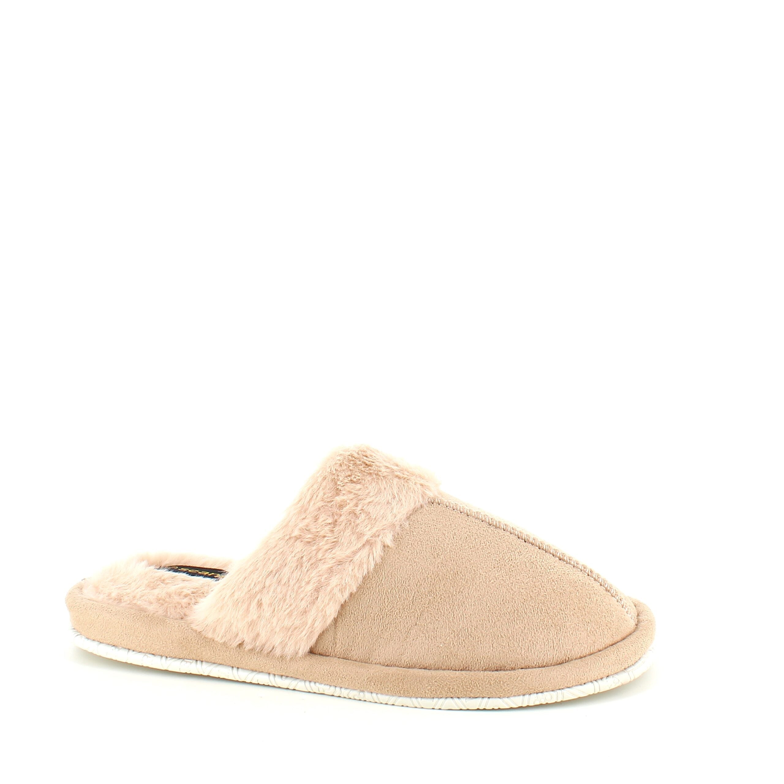 Beige innetofflor med synlig pälskant