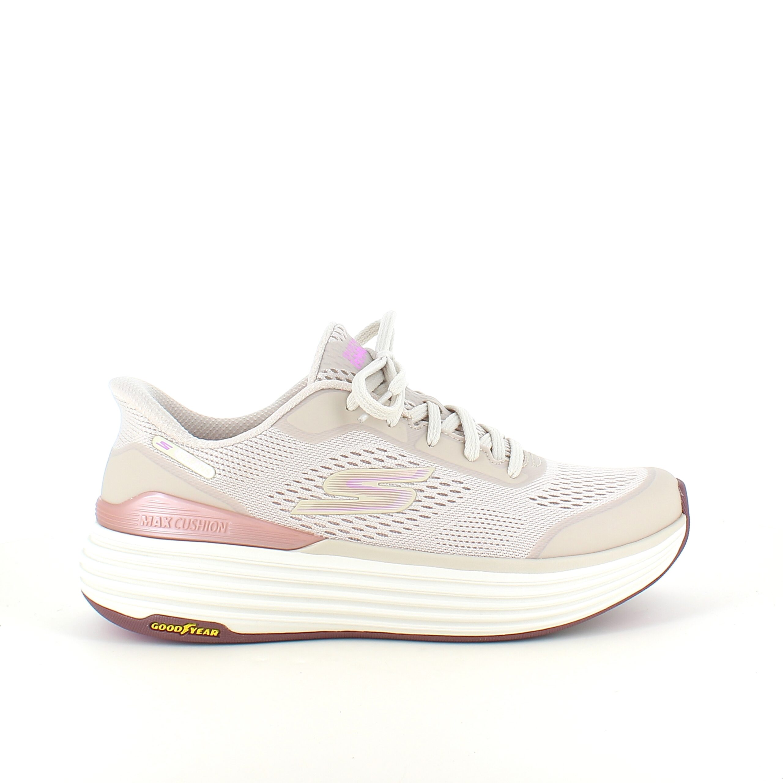 Beige Skechers slip-in med Max Cushioning-sula