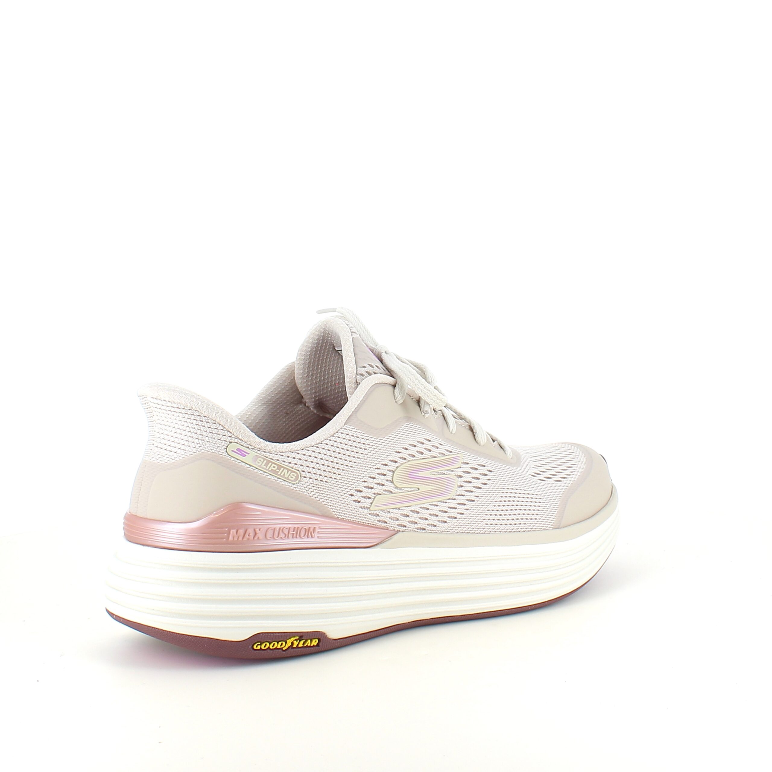 Beige Skechers slip-in med Max Cushioning-sula