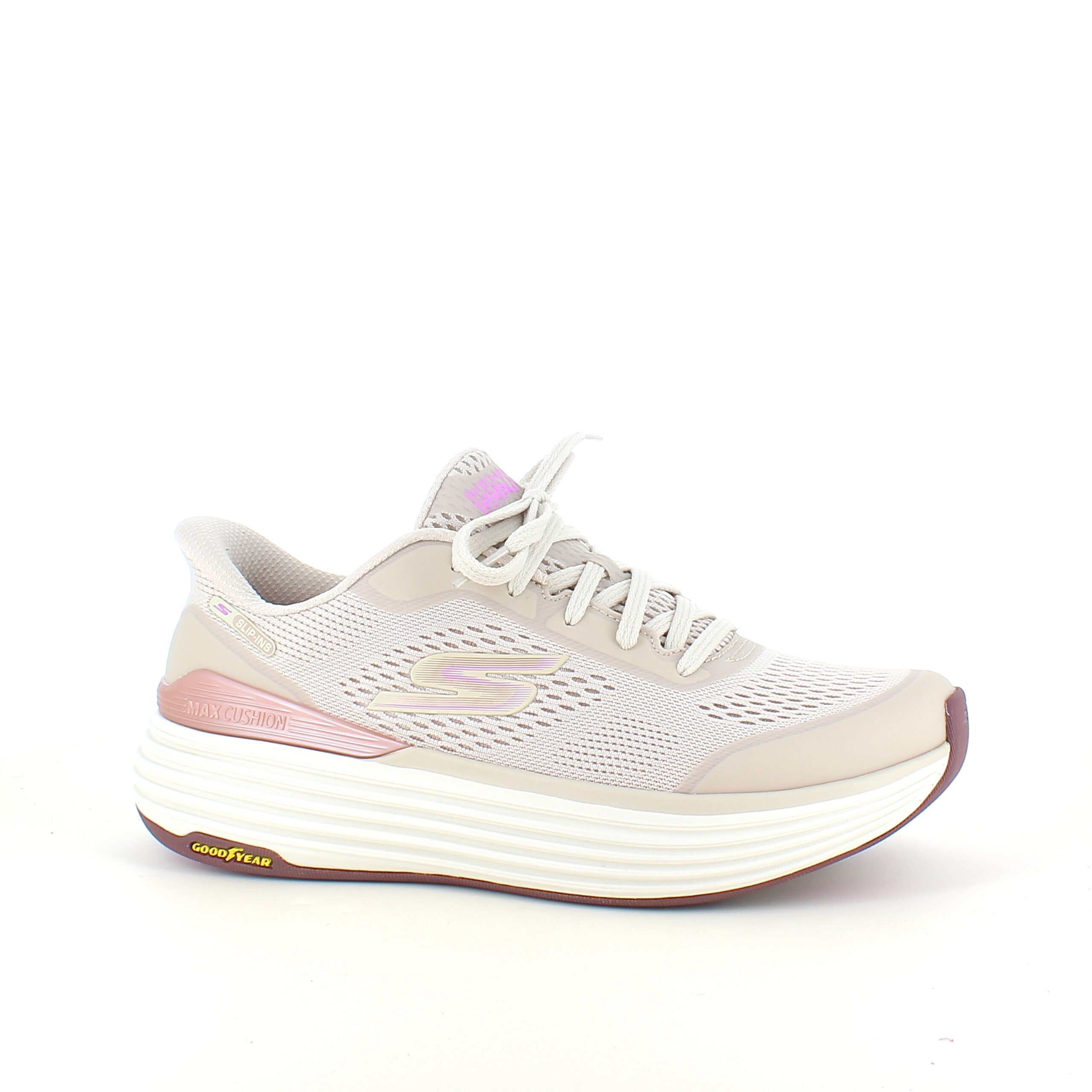 Beige Skechers slip-in med Max Cushioning-sula