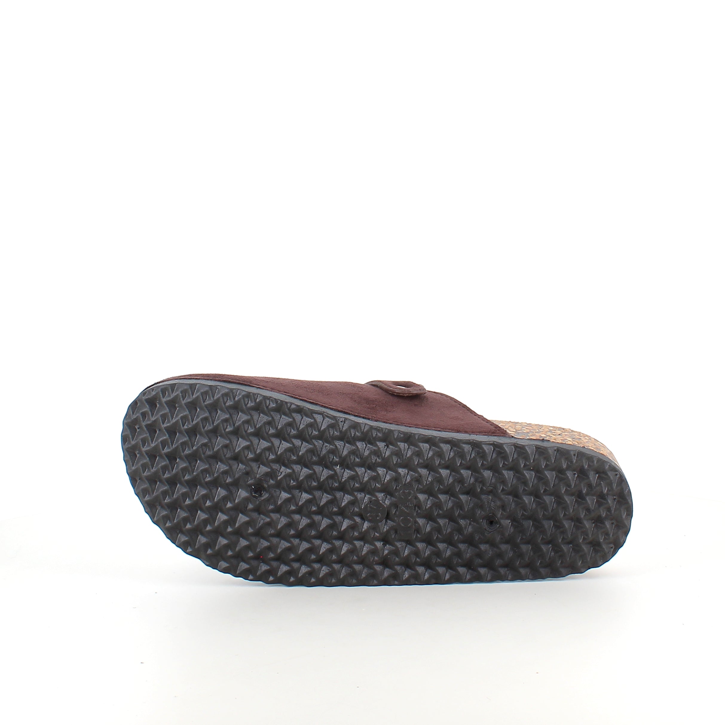 Mörkbrun slip-on sandal i textil - klassisk modell med justerbart spänne