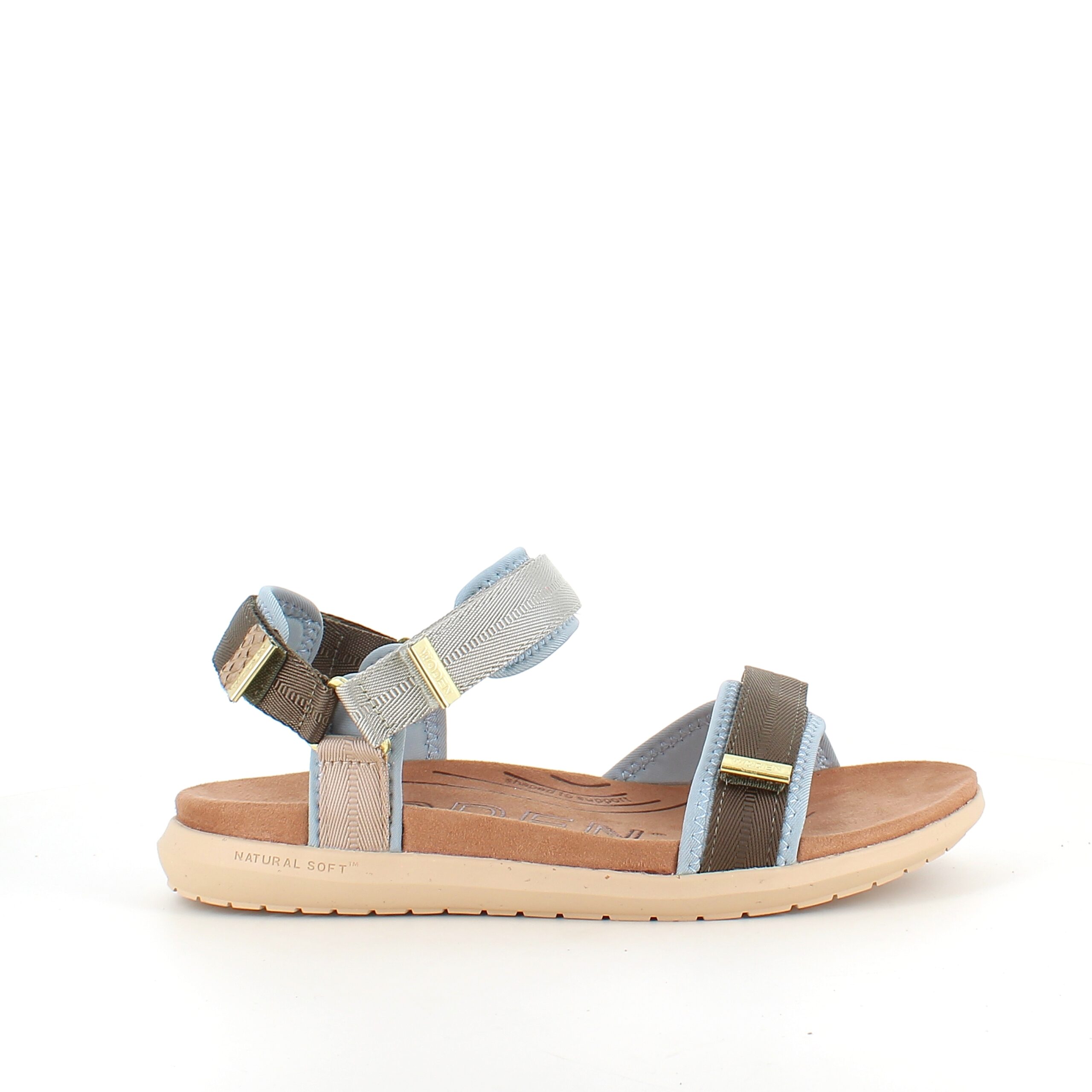 Ljusblå/grön Woden-sandal med bra hålfotsstöd.