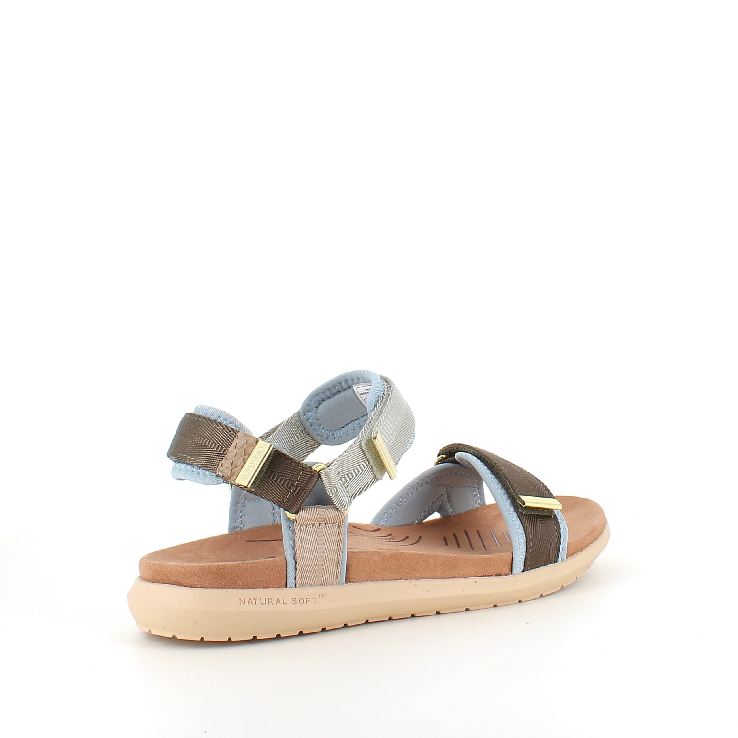 Ljusblå/grön Woden-sandal med bra hålfotsstöd.