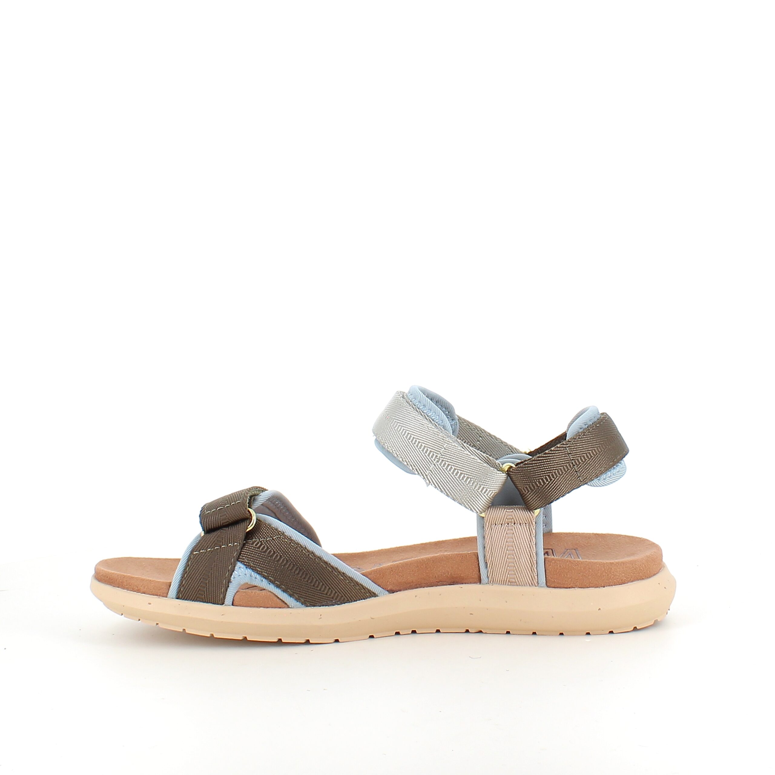 Ljusblå/grön Woden-sandal med bra hålfotsstöd.