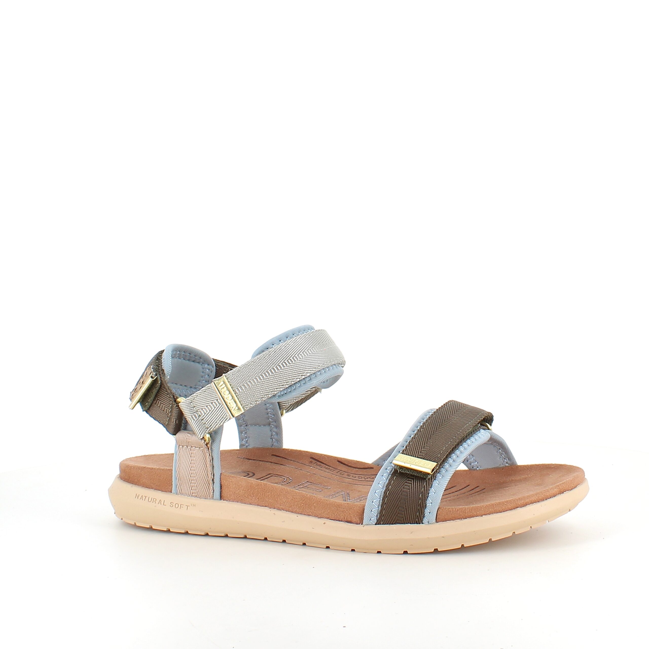 Ljusblå/grön Woden-sandal med bra hålfotsstöd.
