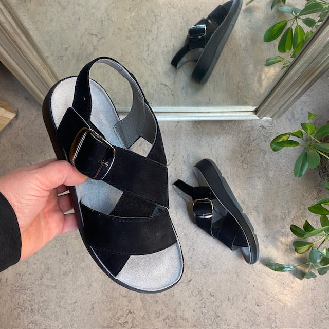 Elegant svart sandal i läder med svankstöd