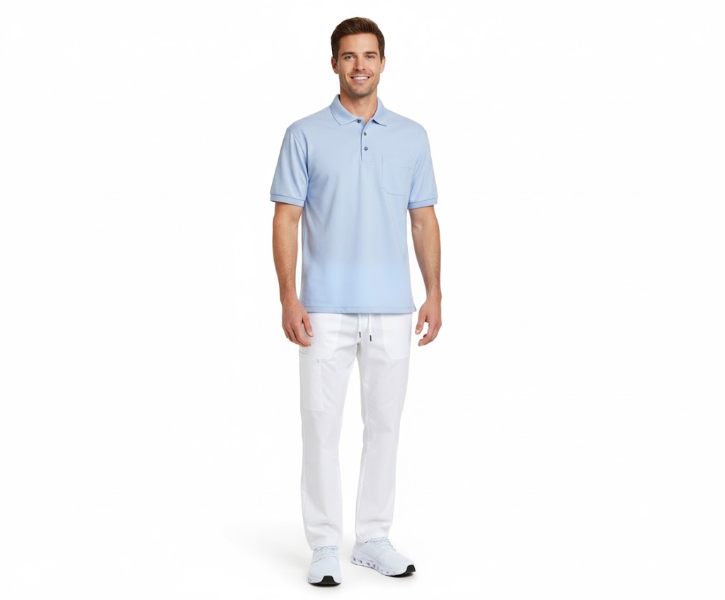 Nybo Lyseblå Herre Basic Poloshirt, Kortärmad, Slitstark, Ribbdetaljer, Bröstficka