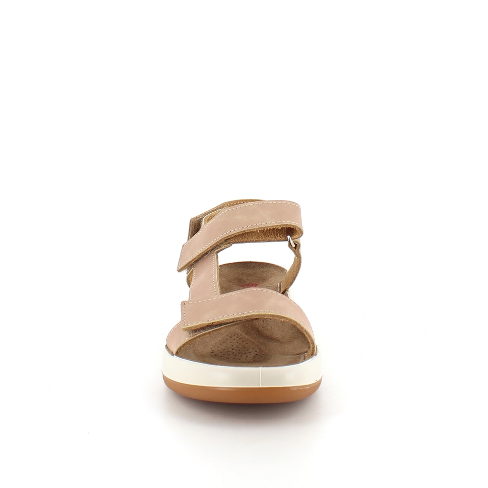 Beige lädersandal med tre justerbara remmar och hålfotsstöd