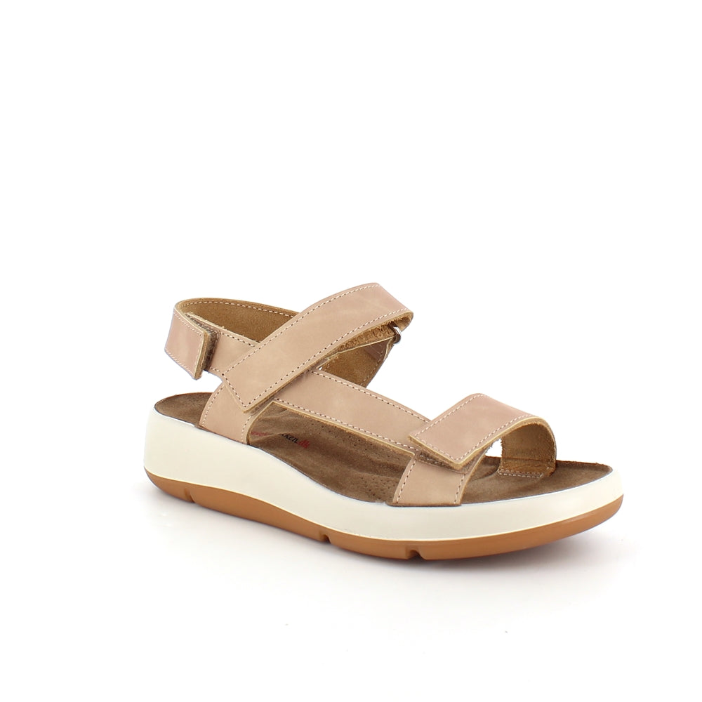 Beige lädersandal med tre justerbara remmar och hålfotsstöd