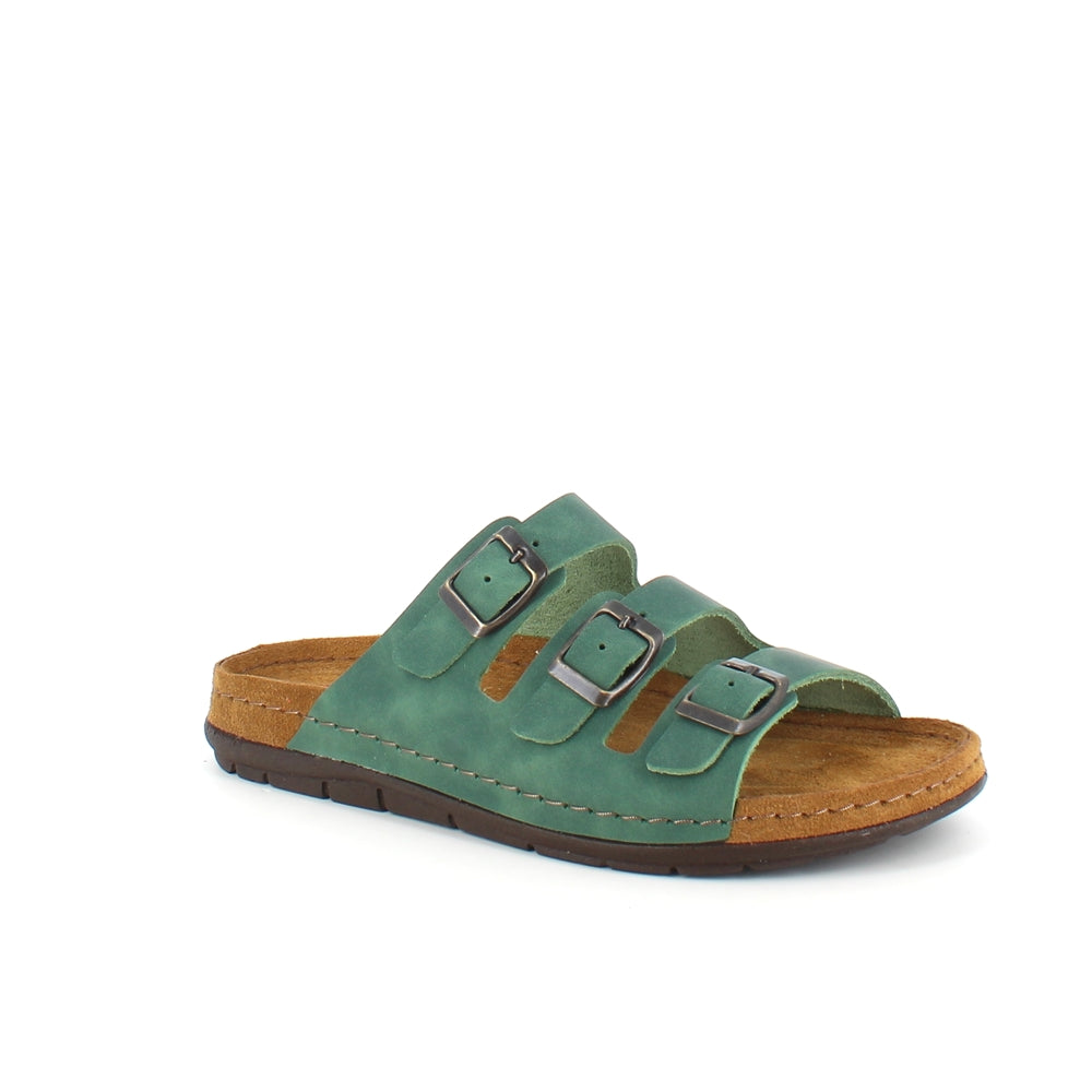 Olivgrön slip-on sandal i läder med smala remmar
