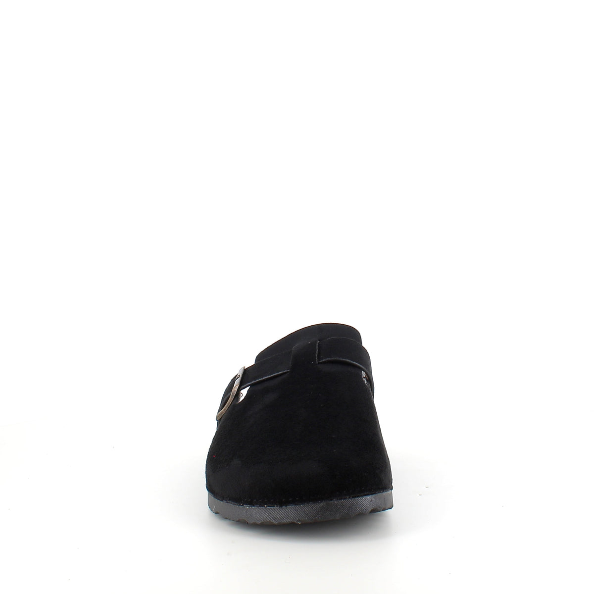 Svart slip-on sandal i textil – klassisk modell med justerbart spänne