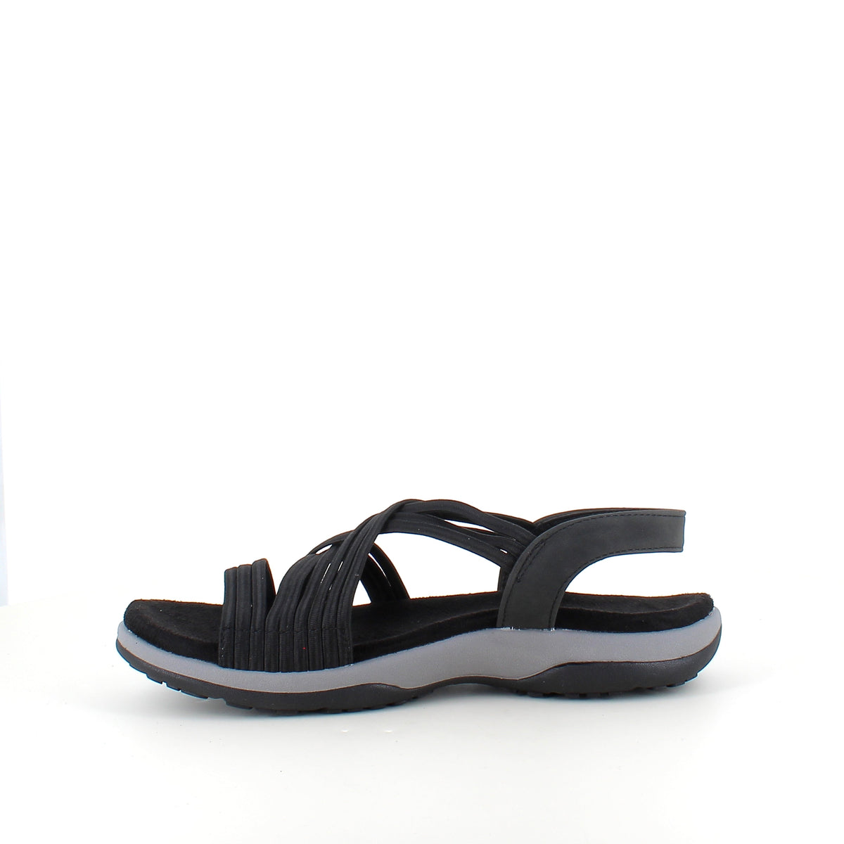 Svart sandal med elastiska remmar – klassisk modell med mjuk skumsula
