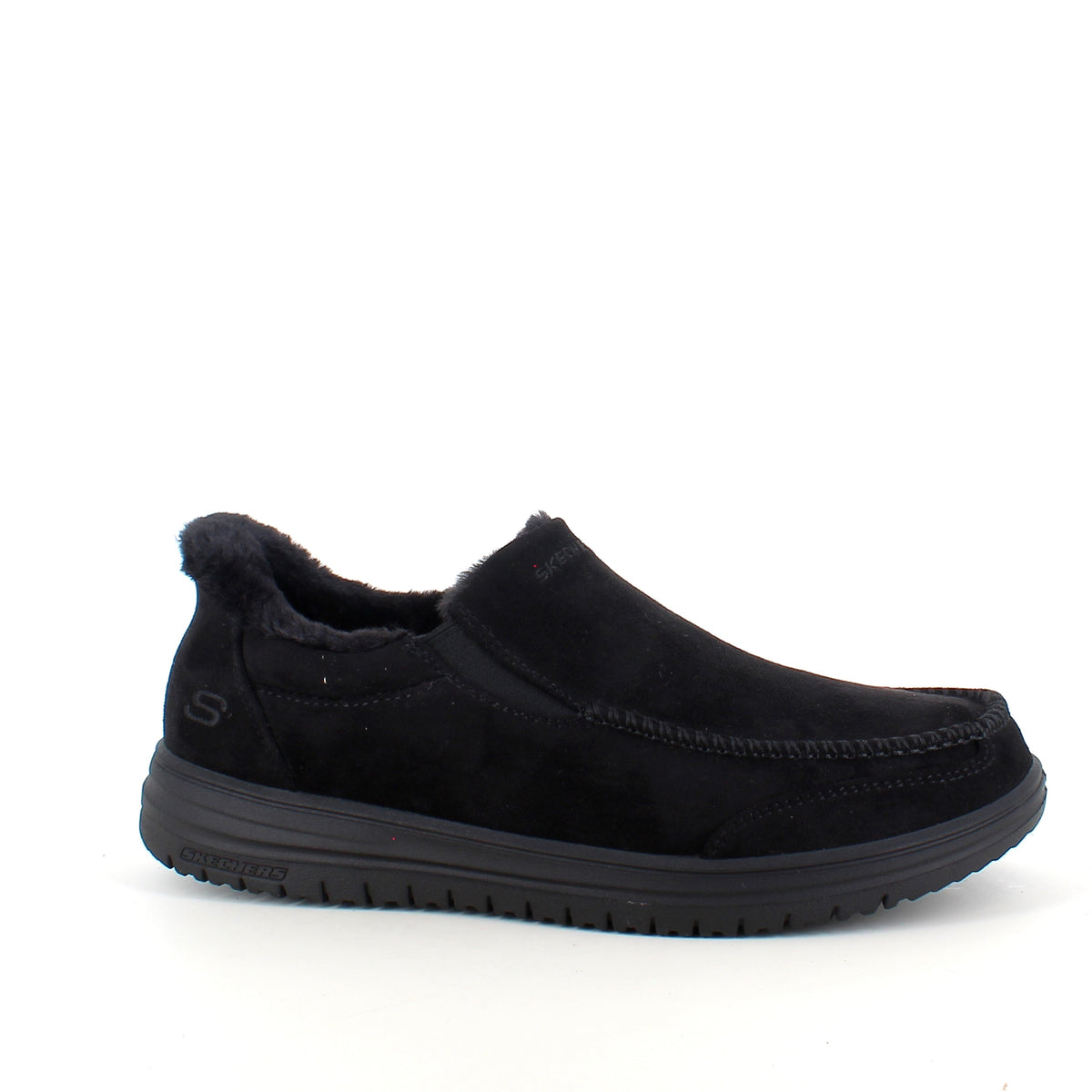 Skechers slip-on-tofflor i svart – varm och rymlig passform