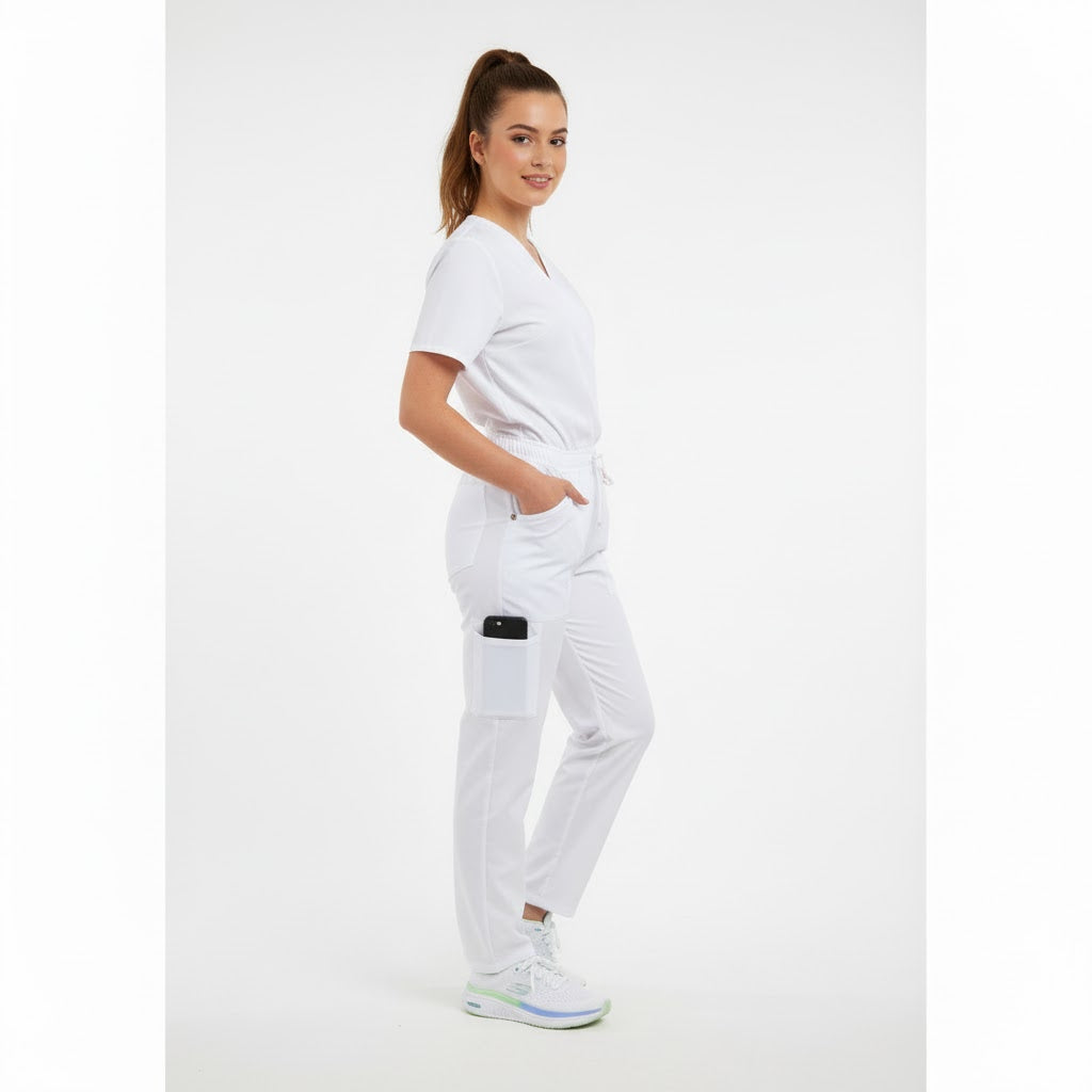 Nybo Club-Classic vita unisexbyxor med mobilficka, komfort