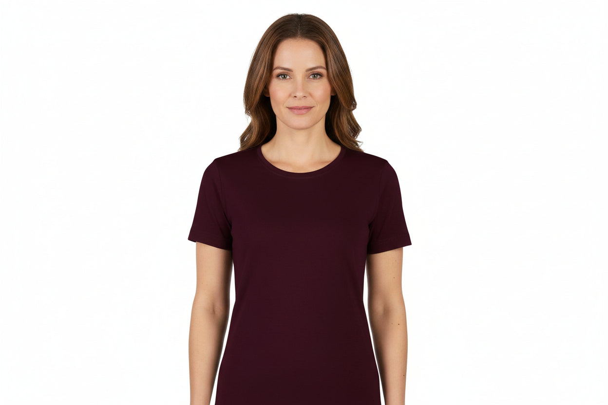 Dam t-shirt med rund hals i mörk bordeaux