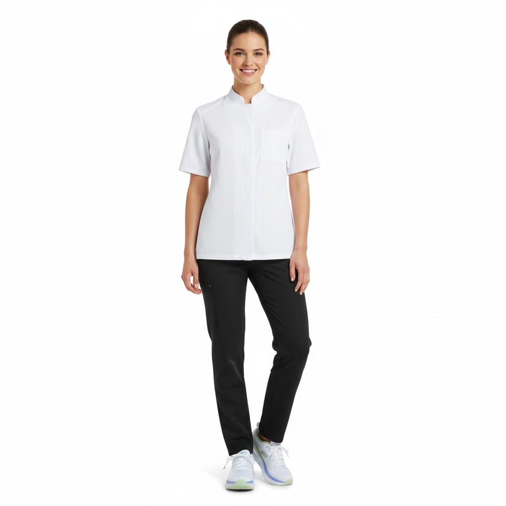 Nybo vit unisex New Nordic kockjacka, kortärmad, bekväm passform, andningsbar