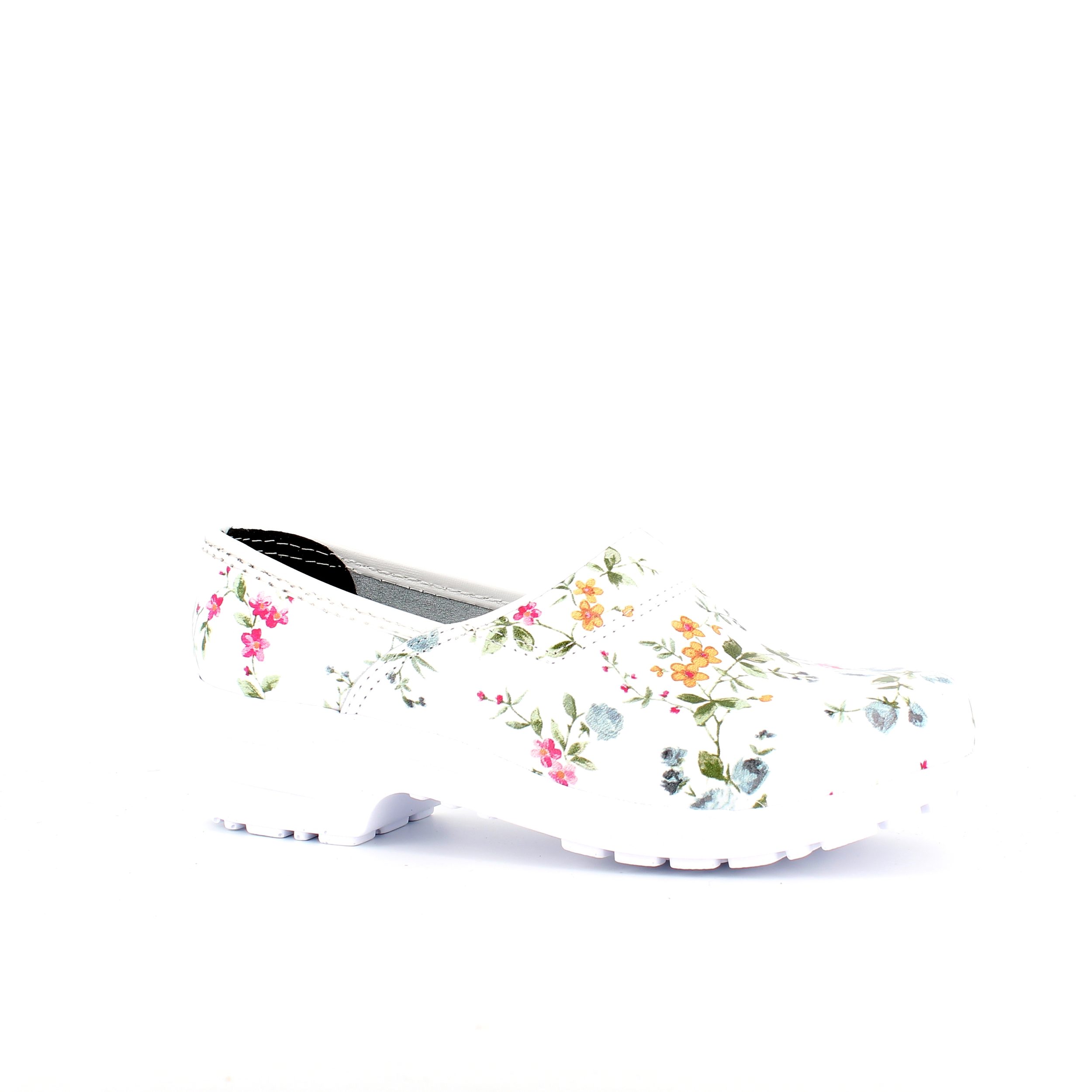 Vit blommig träsko med tåhätta
