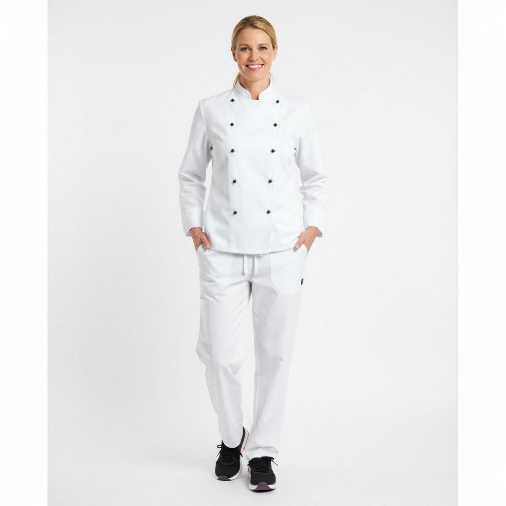 Nybo Delight unisex kokkejakke i hvid – klassisk pasform, slidstærk kvalitet & justerbare manchetærmer