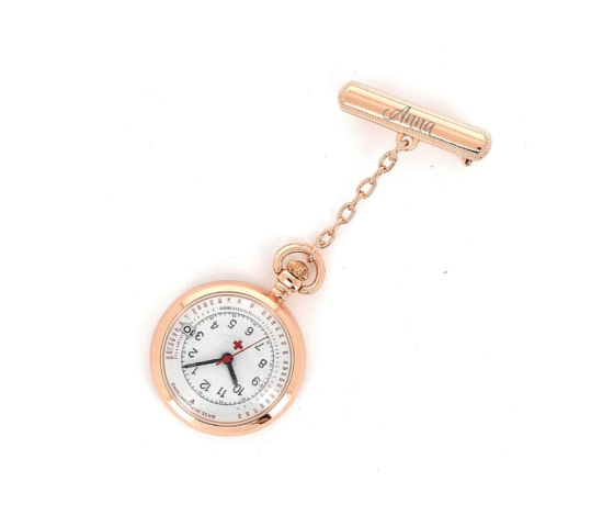 Vacker rosegold sjuksköterskeklocka med datum och gravyr