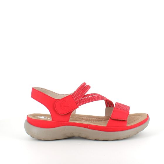 Röd sandal från Rieker med elastiska remmar
