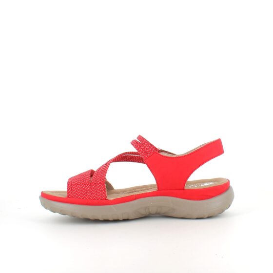 Röd sandal från Rieker med elastiska remmar
