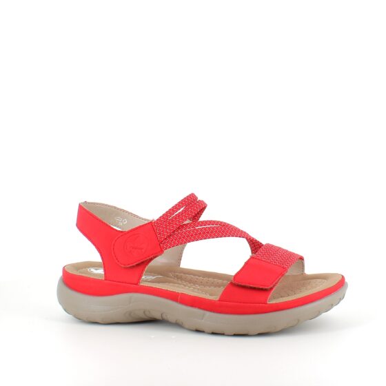 Röd sandal från Rieker med elastiska remmar