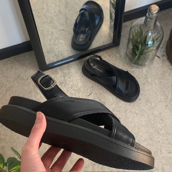 Elegant svart lädersandal med hälrem