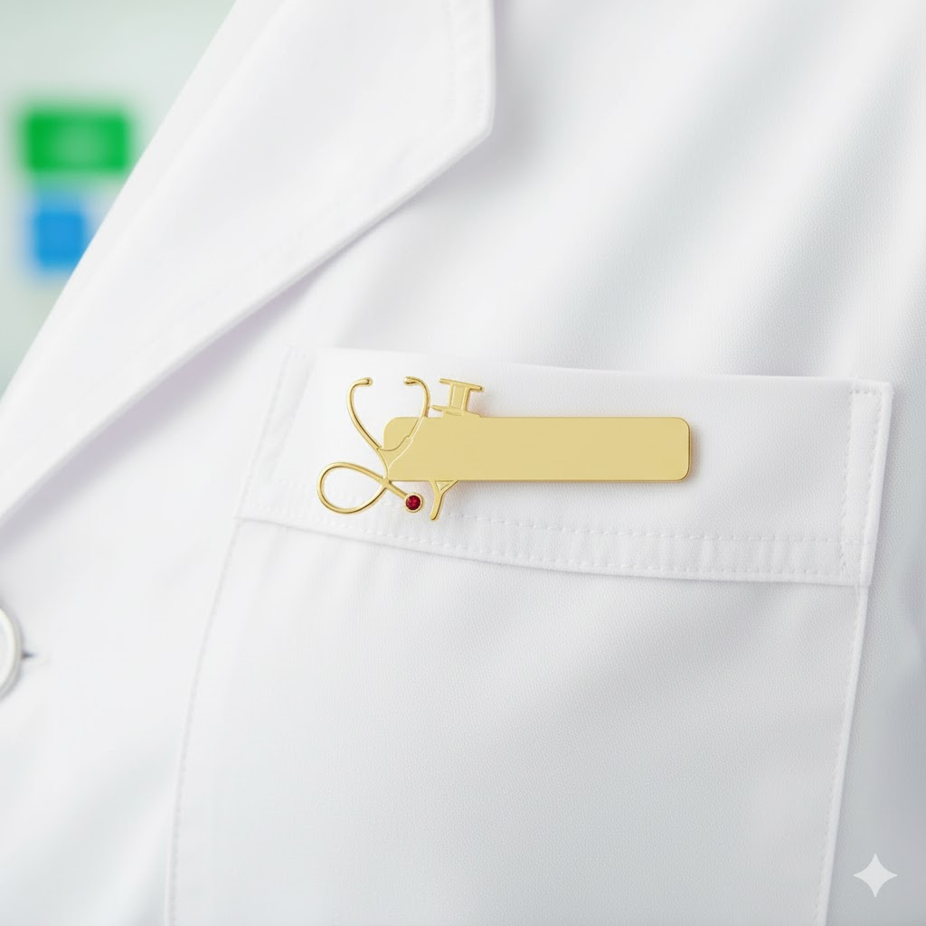 Namnskylt i guldfärgat stål – elegant och personligt val för vårdpersonal