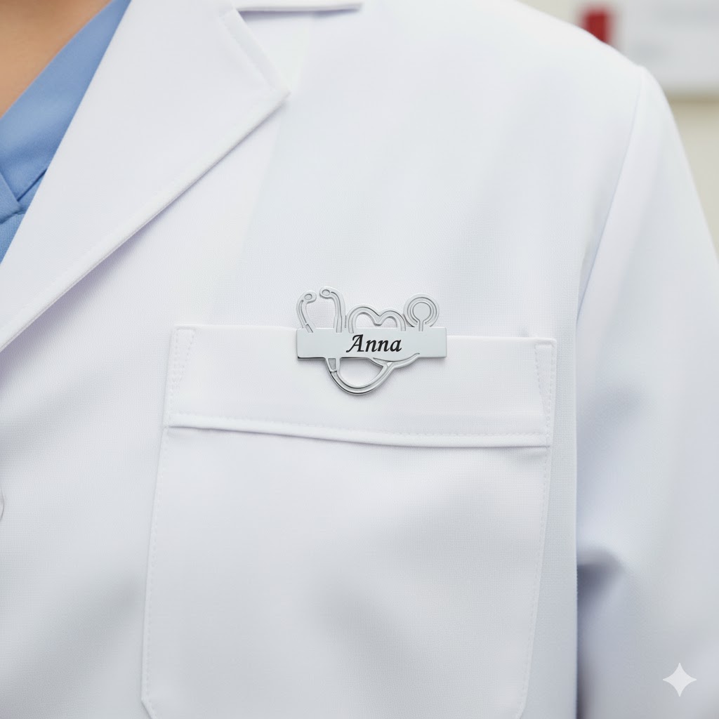 Stetoskop namnskylt i silverfärgat stål – professionellt och personligt utseende för vårdpersonal