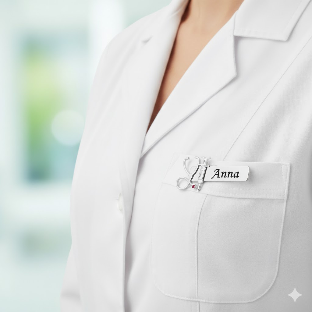 Namnskylt i silverfärgat stål – unikt och professionellt val för vårdpersonal